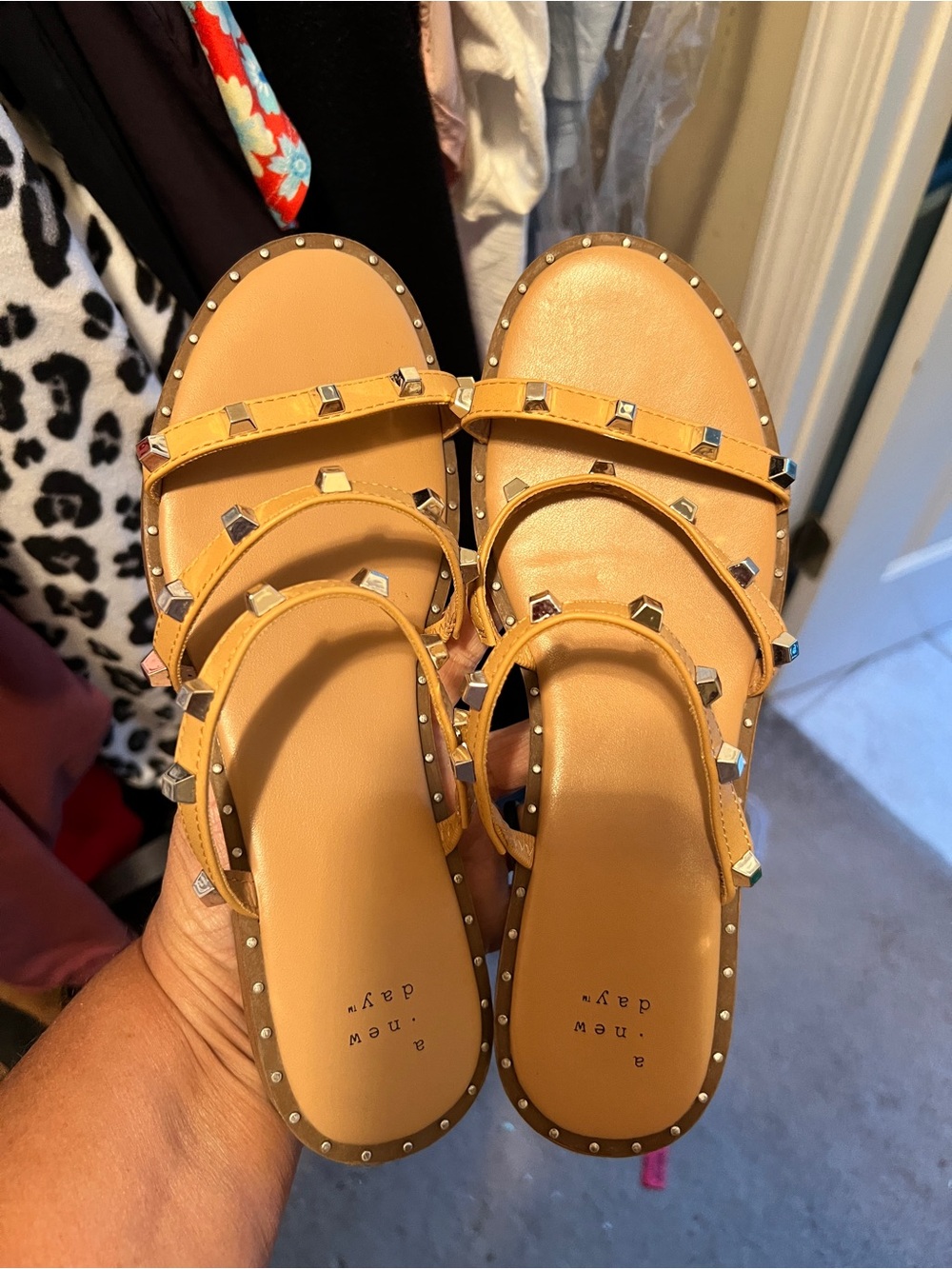 a new day Tan Studded Triple-Strap Slide Sandals
